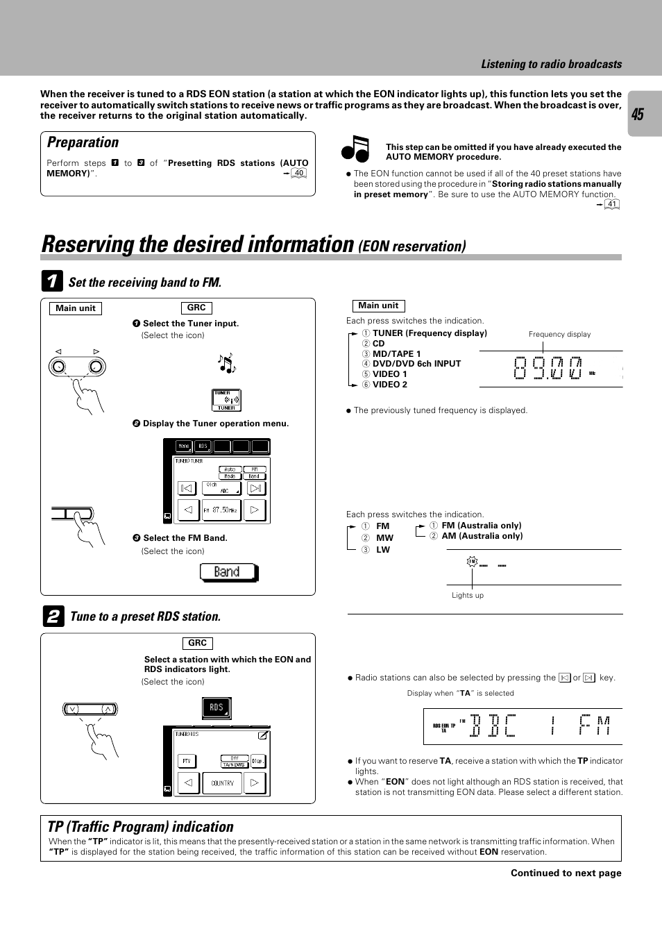 B b c 1 f m, Reserving the desired information, Preparation | Eon reservation), Tp (traffic program) indication, Set the receiving band to fm, Tune to a preset rds station, Listening to radio broadcasts | Kenwood C-V751 User Manual | Page 45 / 64