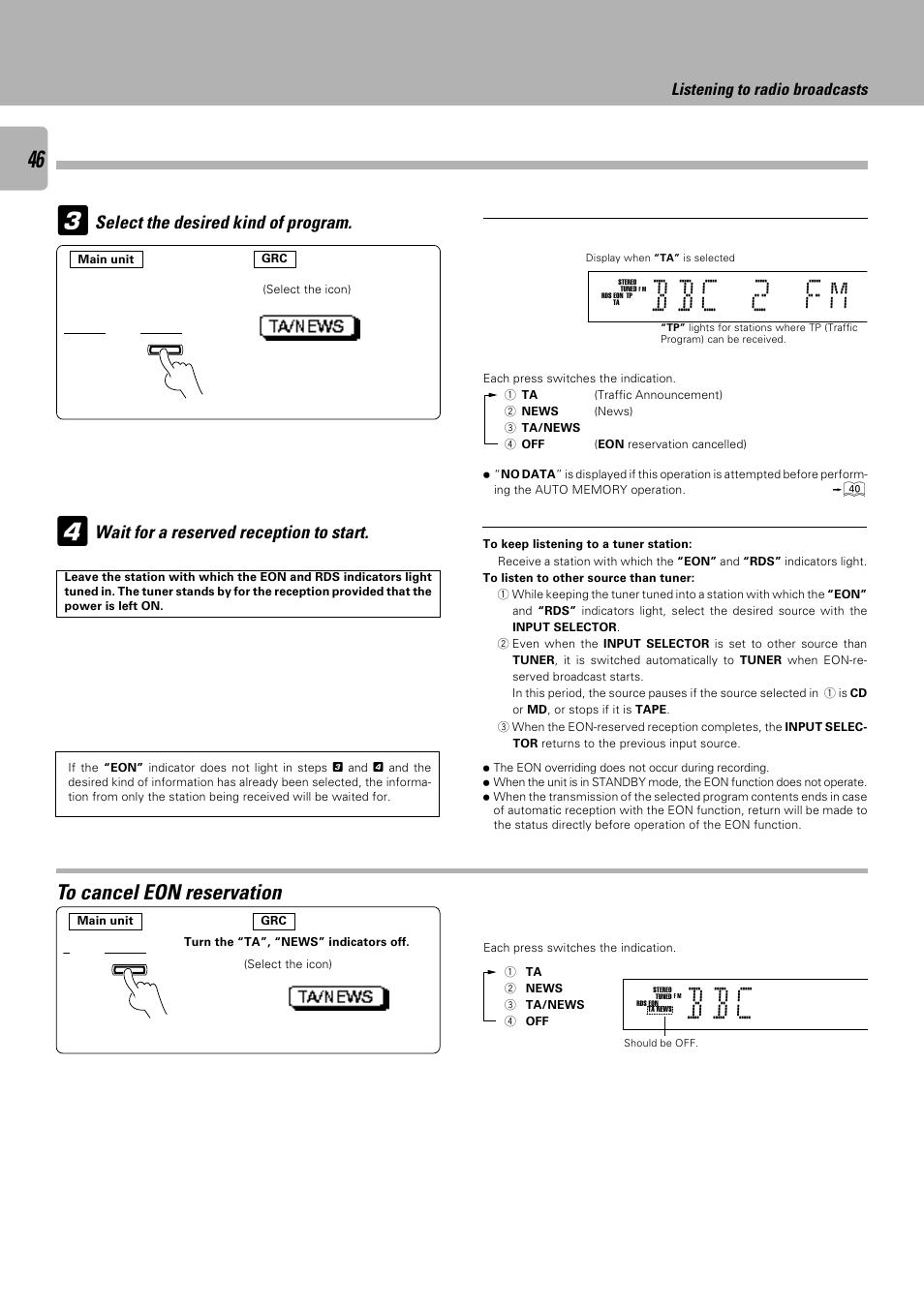 B b c 1 f m, Wait for a reserved reception to start, Select the desired kind of program | Listening to radio broadcasts | Kenwood C-V751 User Manual | Page 46 / 64