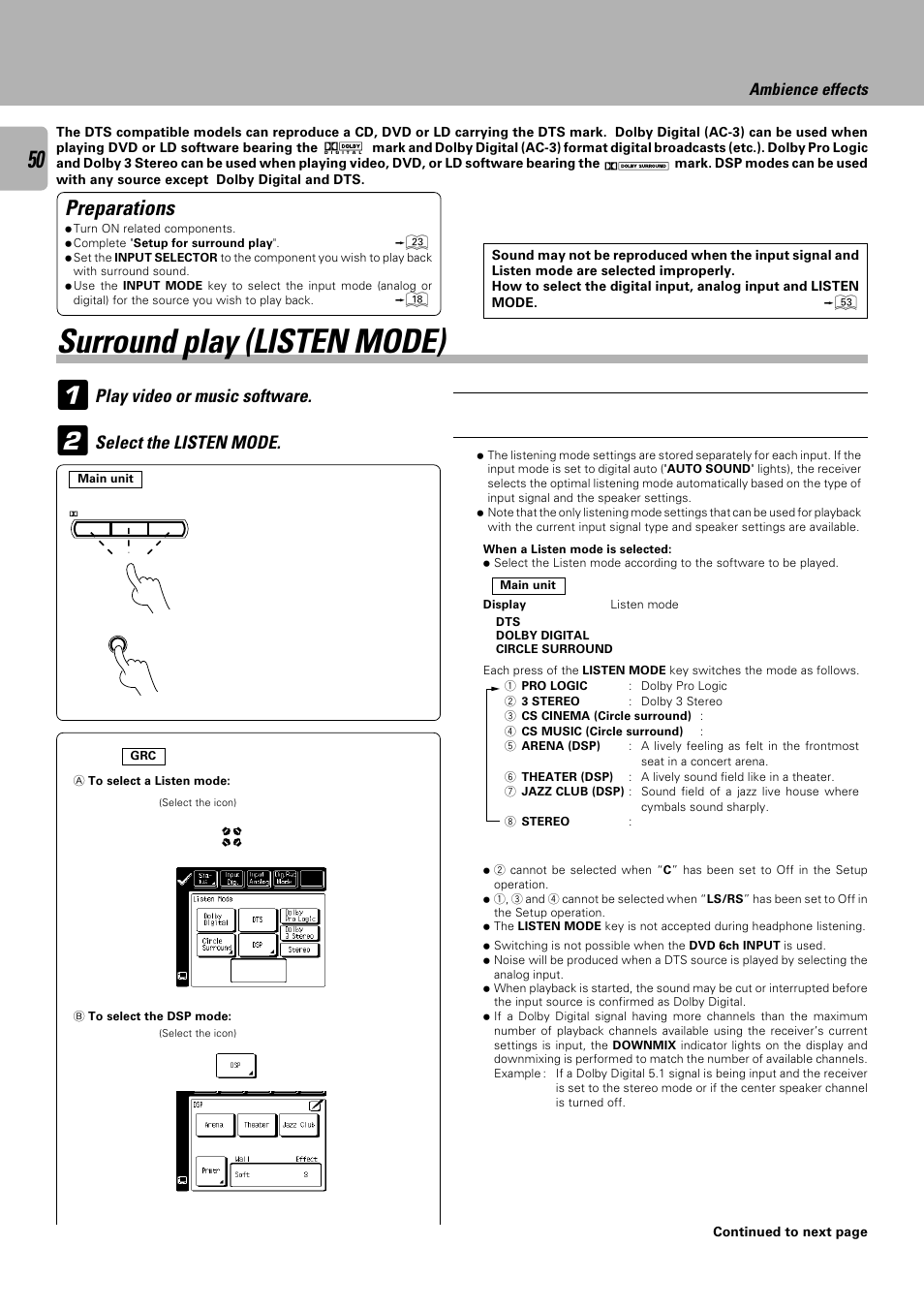 Surround play (listen mode), Preparations, Select the listen mode | Play video or music software, Ambience effects | Kenwood C-V751 User Manual | Page 50 / 64