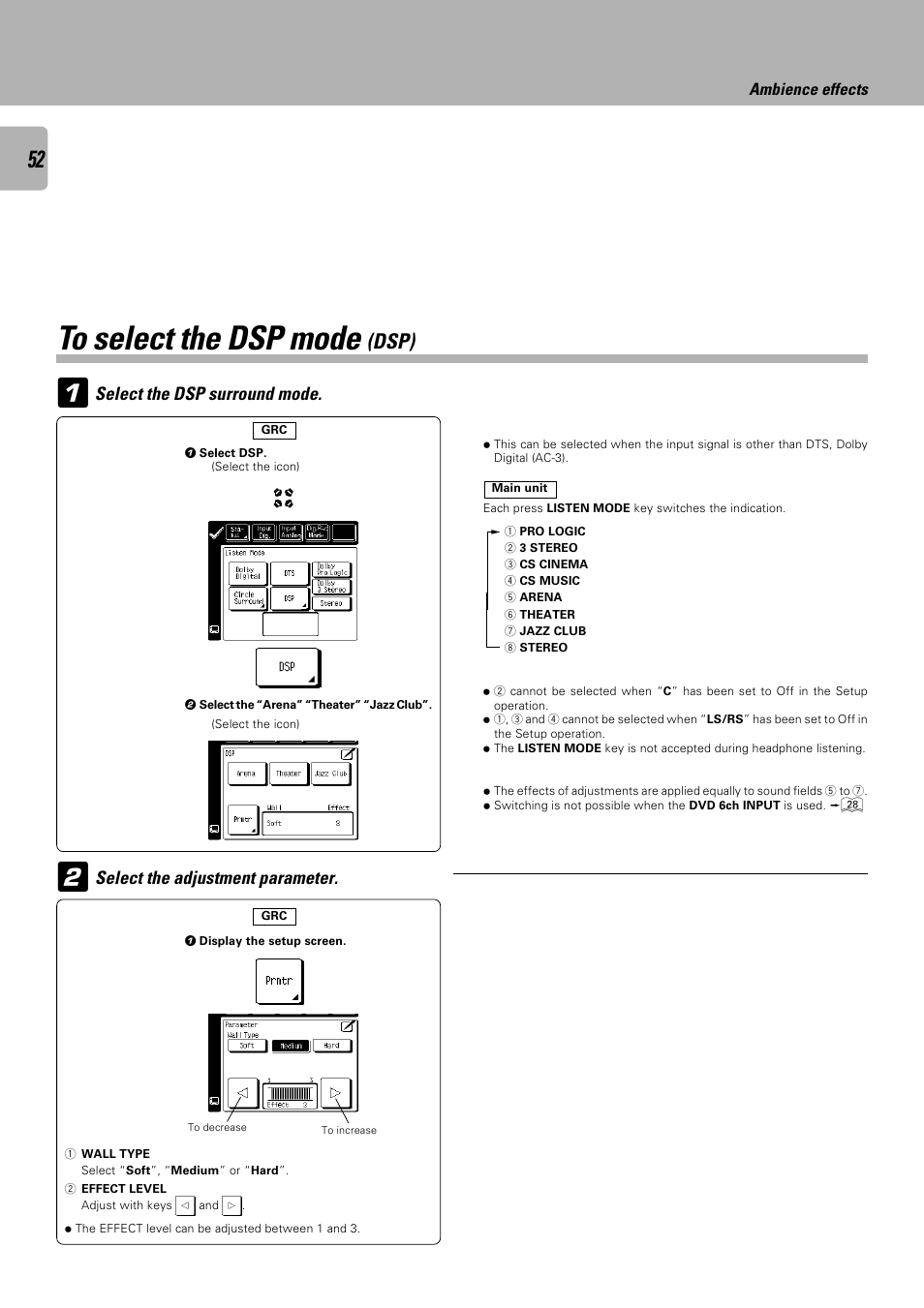 Dsp), Select the dsp surround mode, Select the adjustment parameter | Kenwood C-V751 User Manual | Page 52 / 64