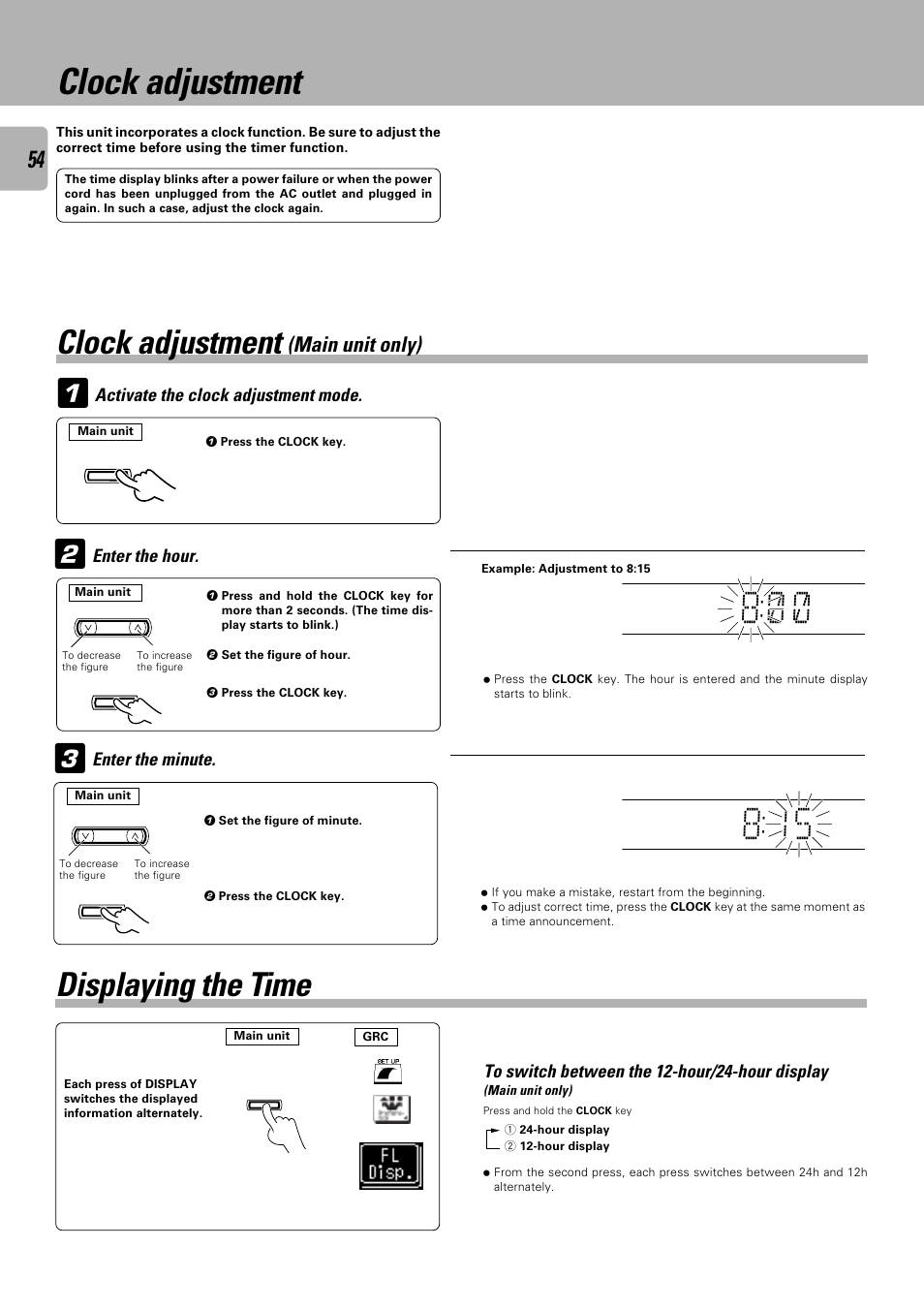 A m 8: ) ), A m 8:15, Clock adjustment | Displaying the time, Main unit only), Activate the clock adjustment mode, Enter the hour, Enter the minute | Kenwood C-V751 User Manual | Page 54 / 64