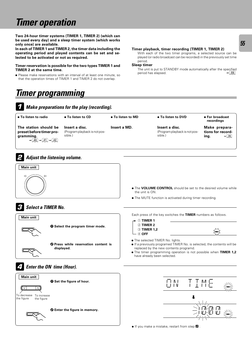 A m 1, Timer programming, Make preparations for the play (recording) | Adjust the listening volume. select a timer no, Enter the on time (hour), Timer operation | Kenwood C-V751 User Manual | Page 55 / 64