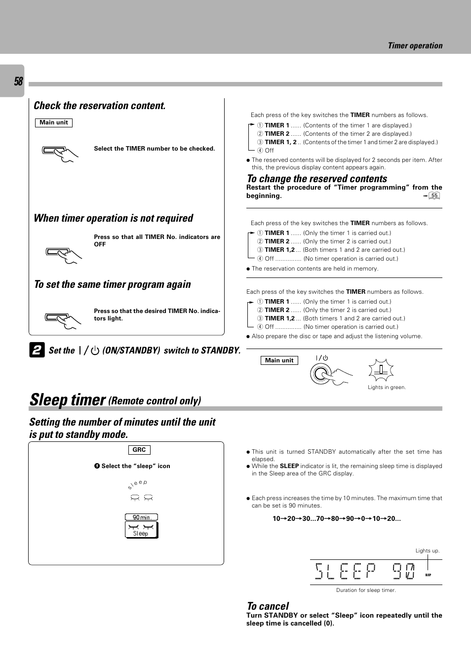 Sleep timer, Remote control only), Check the reservation content | Set the (on/standby) switch to standby, Timer operation | Kenwood C-V751 User Manual | Page 58 / 64