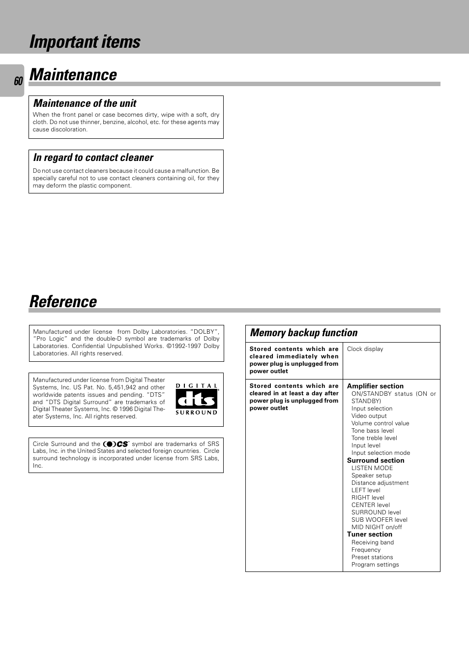 Important items, Maintenance, Reference | Maintenance of the unit | Kenwood C-V751 User Manual | Page 60 / 64