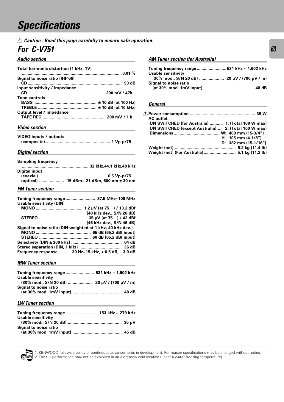 Specifications, For c-v751 | Kenwood C-V751 User Manual | Page 63 / 64