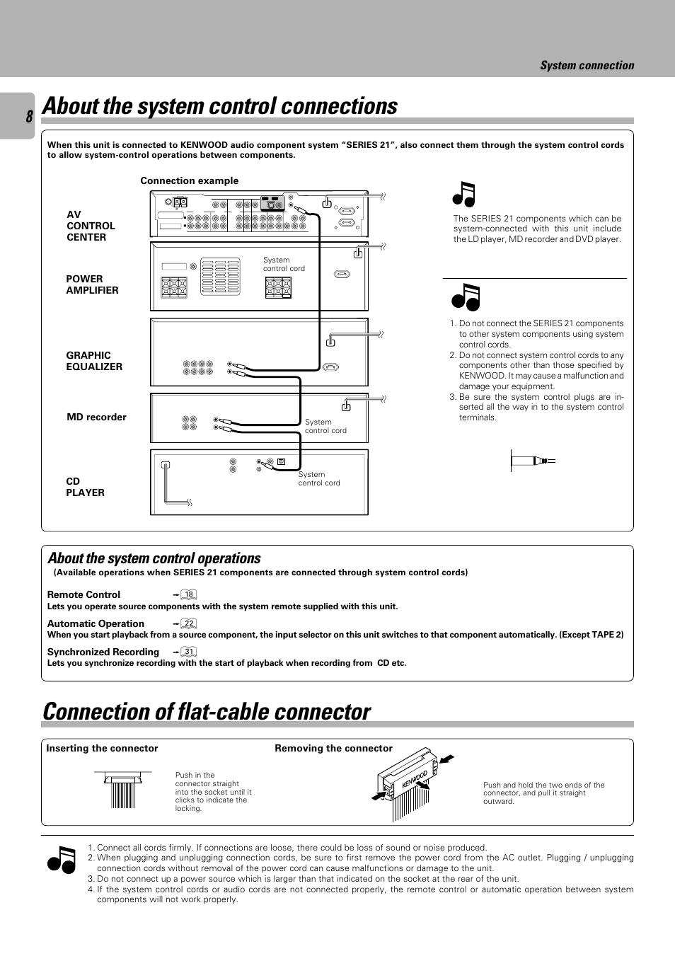 Connection of flat-cable connector, About the system control connections, About the system control operations | System connection | Kenwood C-V751 User Manual | Page 8 / 64