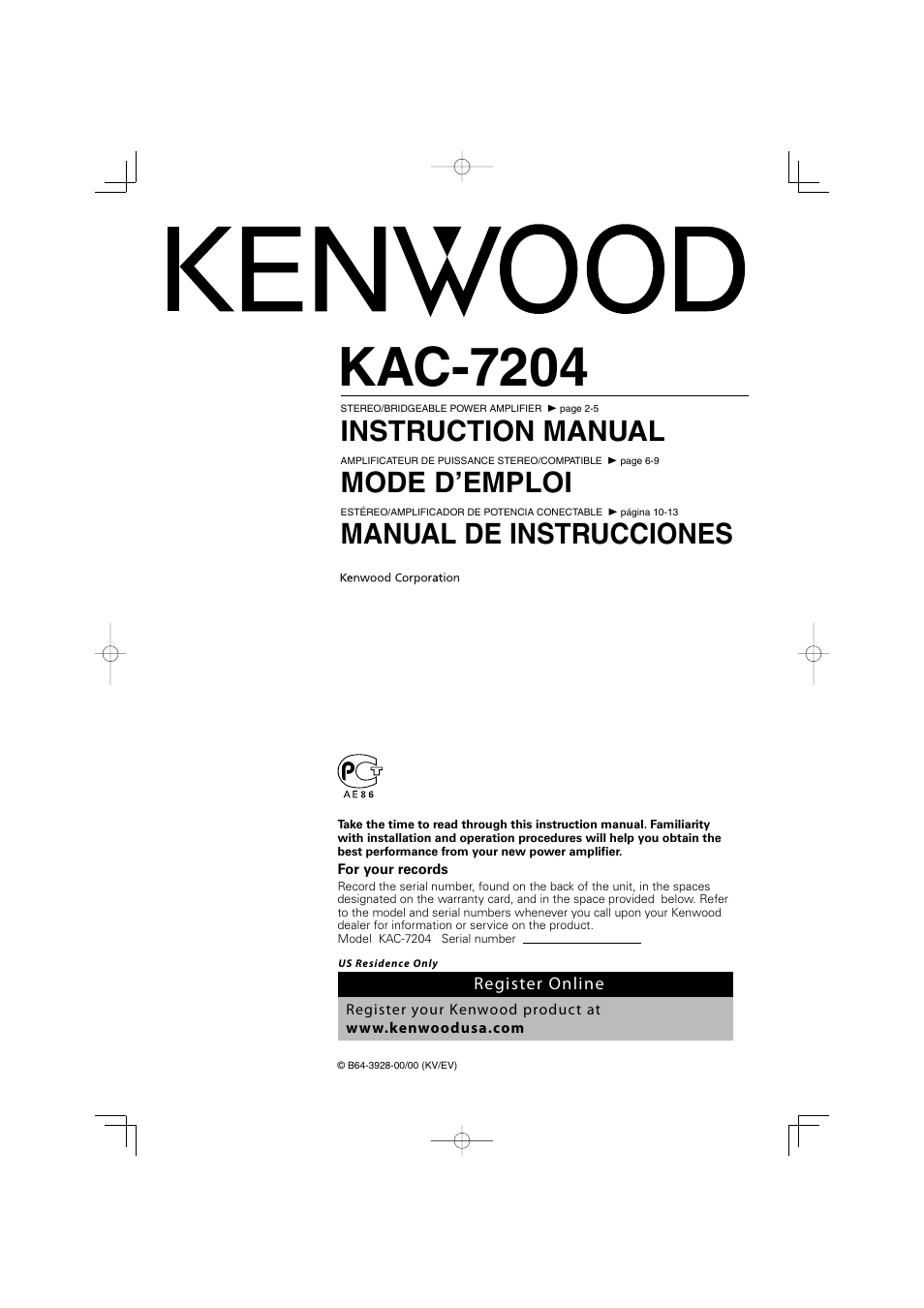 Kenwood KAC-7204 User Manual | 16 pages