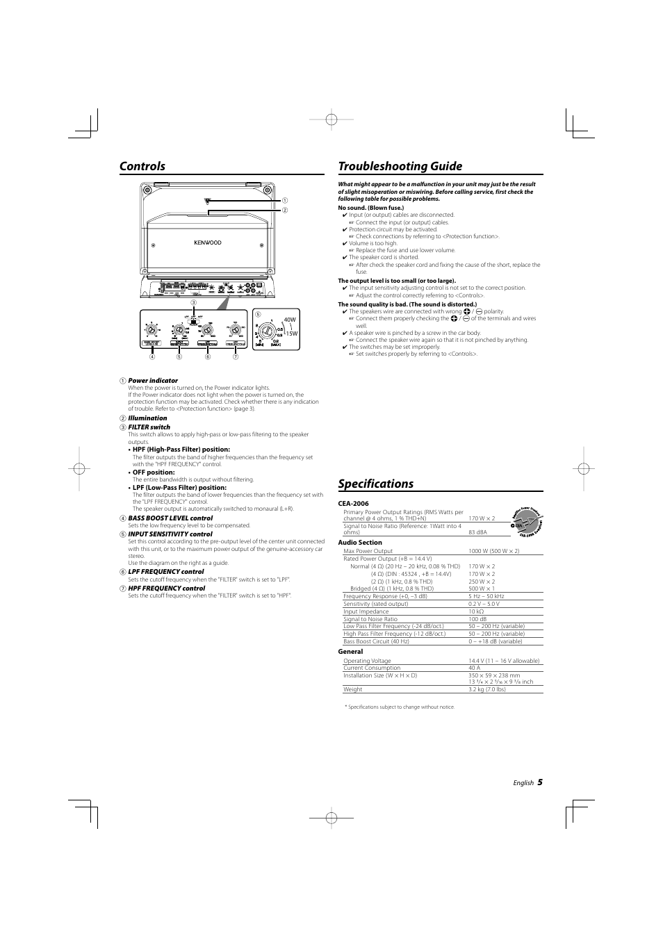 Controls, Specifications, Troubleshooting guide | Kenwood KAC-7204 User Manual | Page 5 / 16