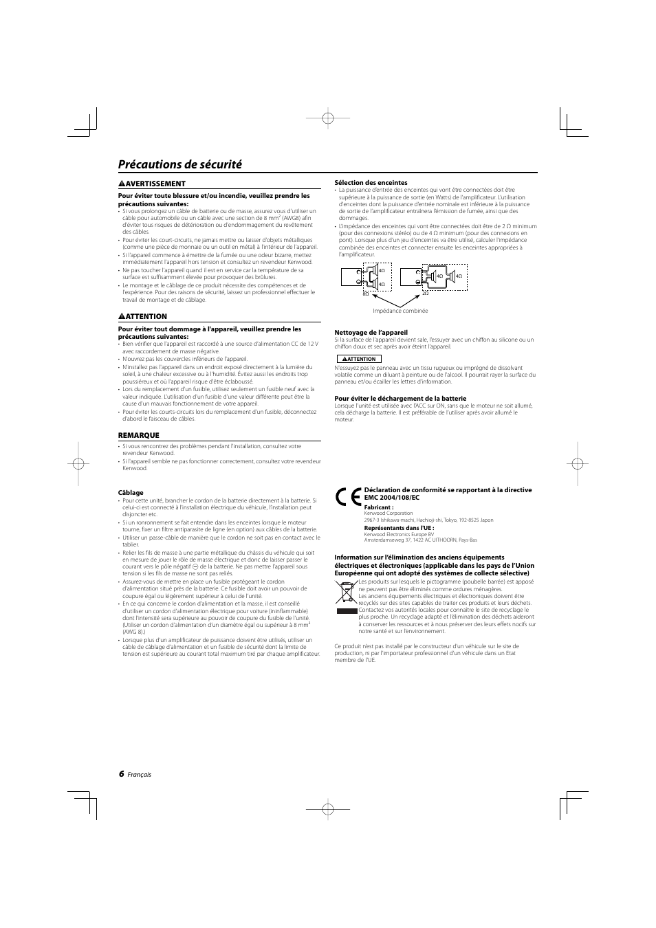 Précautions de sécurité | Kenwood KAC-7204 User Manual | Page 6 / 16