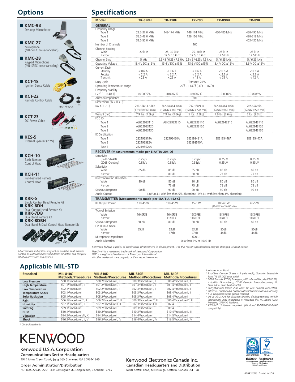 Options specifications, Applicable mil-std, Kmc-9b | Kmc-27, Kmc-28, Kct-18, Kct-22, Kct-23, Kes-5, Kch-10 | Kenwood FleetSync TK-890 User Manual | Page 2 / 2