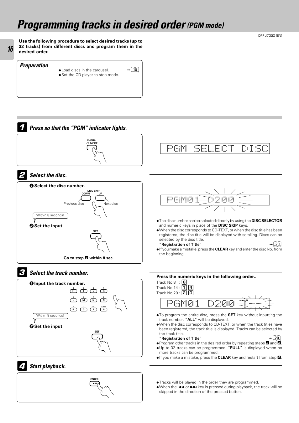 Programming tracks in desired order (pgm mode), Programming tracks in desired order, Pgm mode) | Kenwood DPF-J7020 User Manual | Page 16 / 32