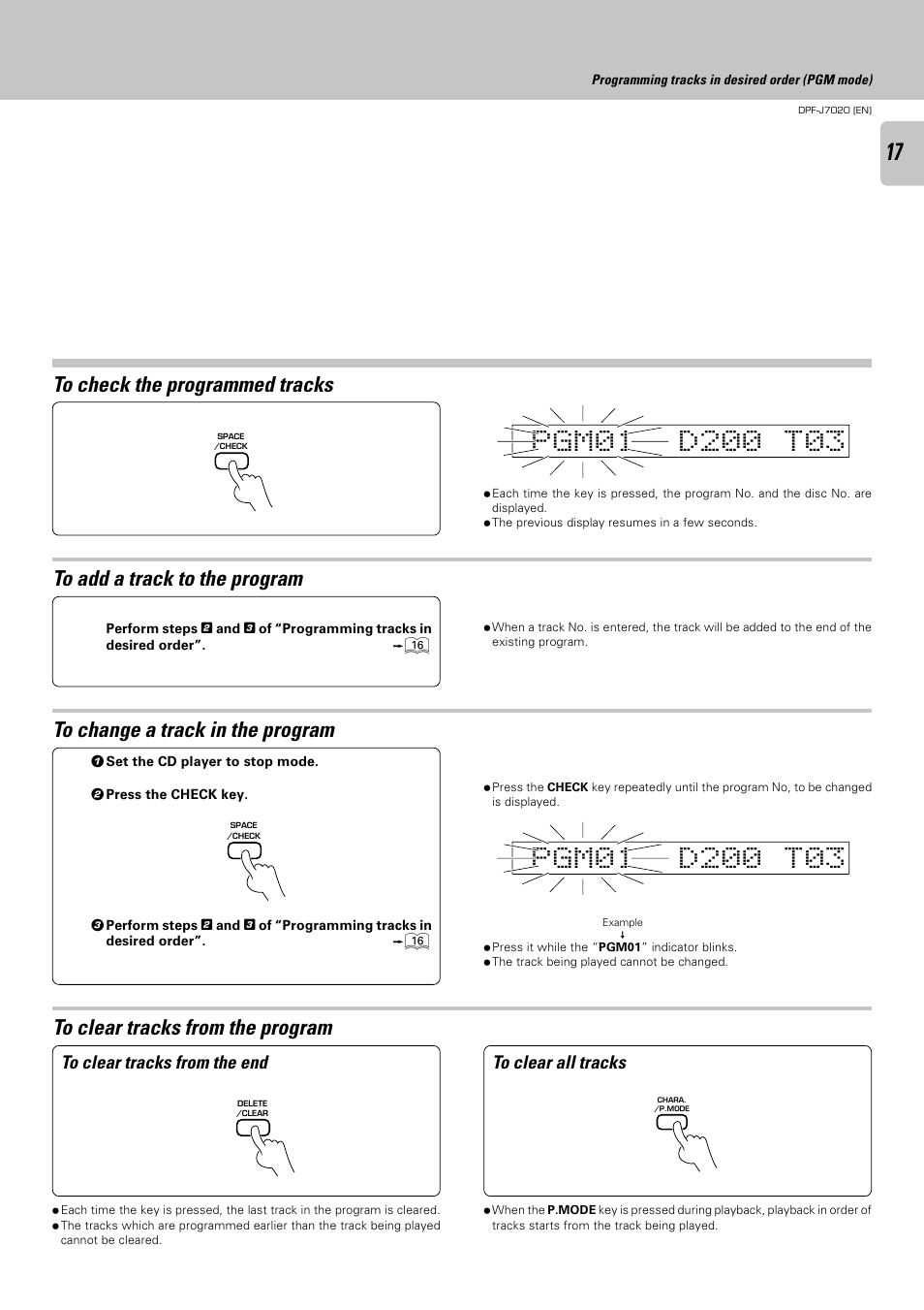 To check the programmed tracks, To add a track to the program, To change a track in the program | To clear tracks from the program | Kenwood DPF-J7020 User Manual | Page 17 / 32