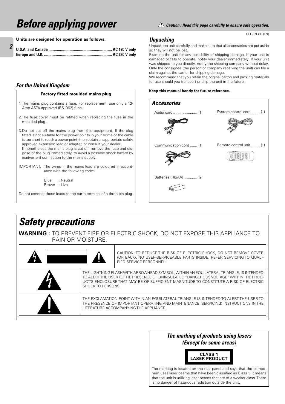 Before applying power, Safety precautions, For the united kingdom | Unpacking, Accessories | Kenwood DPF-J7020 User Manual | Page 2 / 32