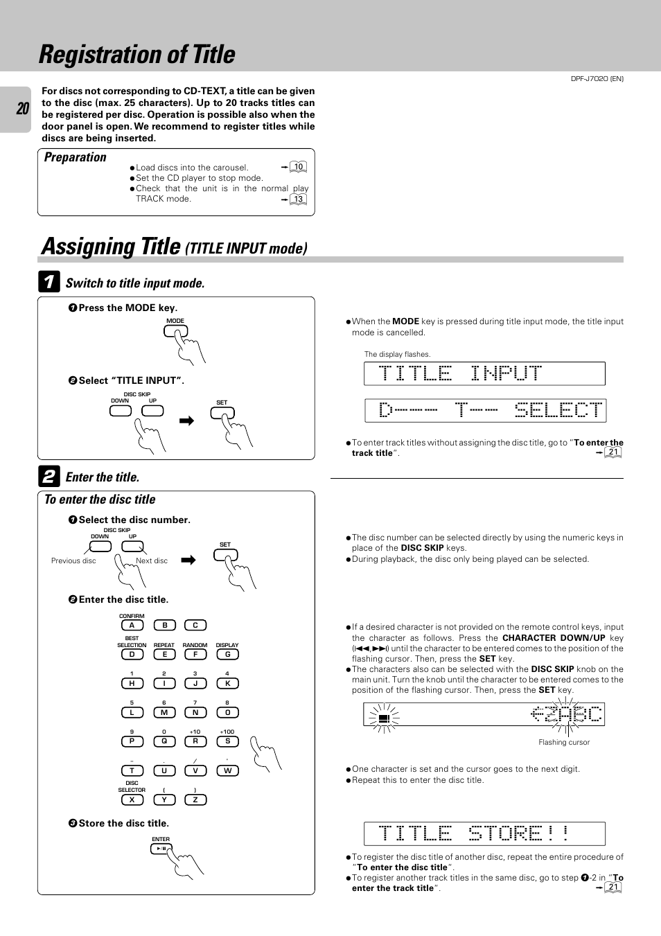 Registration of title, Assigning title (title input mode), Assigning title | Ca z b, Title input mode) | Kenwood DPF-J7020 User Manual | Page 20 / 32