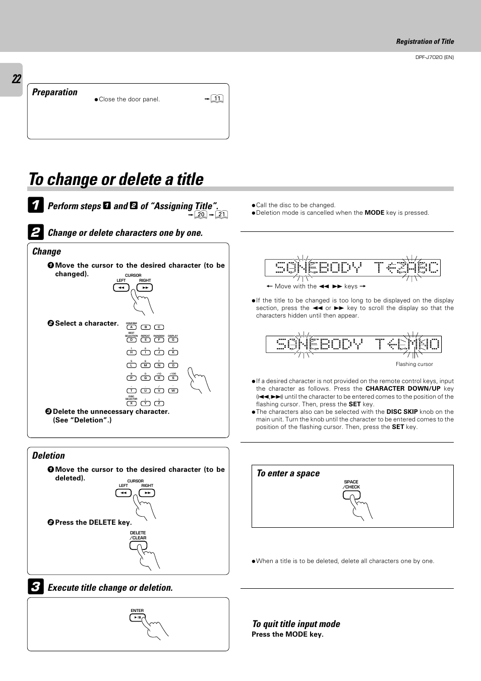 To change or delete a title, Preparation, Perform steps | Of “assigning title, Change or delete characters one by one. change, Deletion | Kenwood DPF-J7020 User Manual | Page 22 / 32