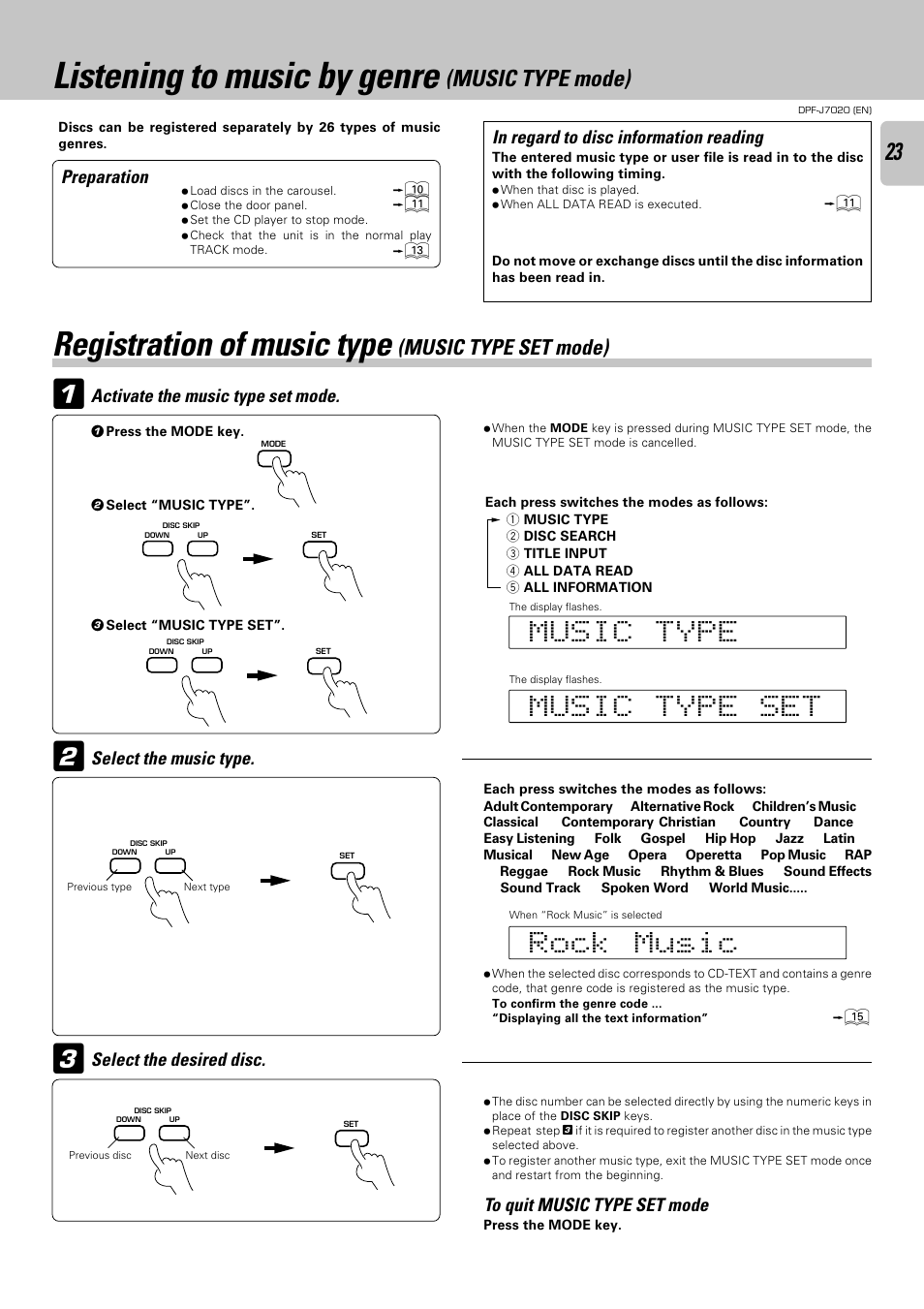 Listening to music by genre (music type mode), Registration of music type (music type set mode), Listening to music by genre | Registration of music type, Music type mode), Music type set mode) | Kenwood DPF-J7020 User Manual | Page 23 / 32