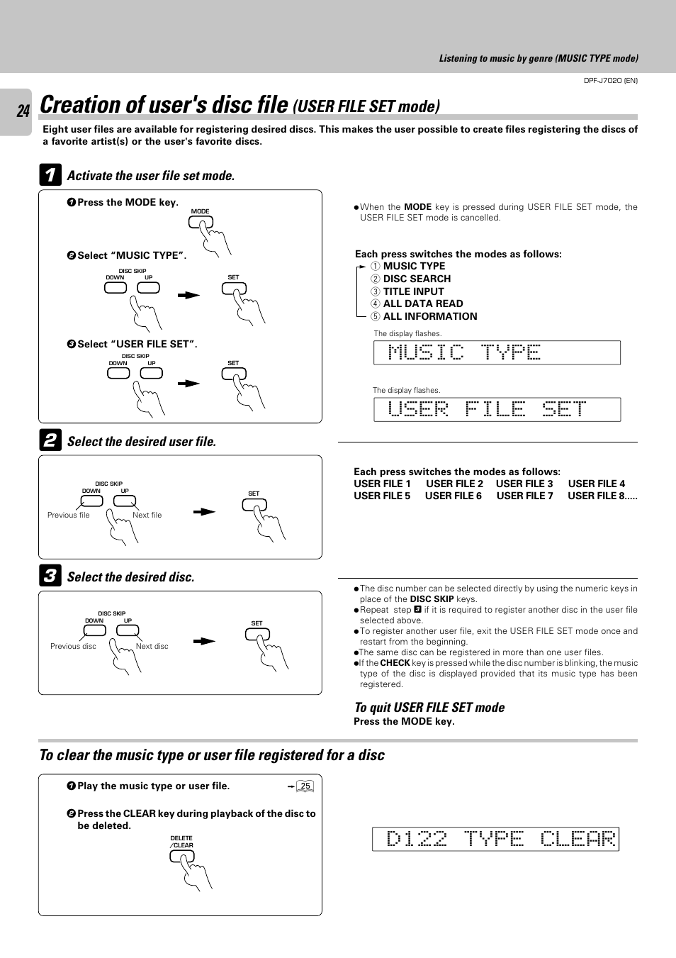 Creation of user's disc file (user file set mode), Creation of user's disc file, User file set mode) | Kenwood DPF-J7020 User Manual | Page 24 / 32