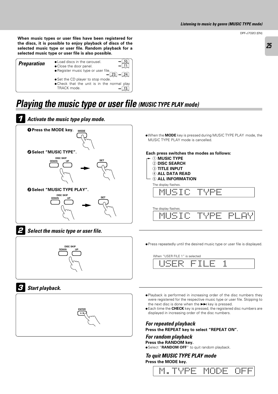 Playing the music type or user file | Kenwood DPF-J7020 User Manual | Page 25 / 32