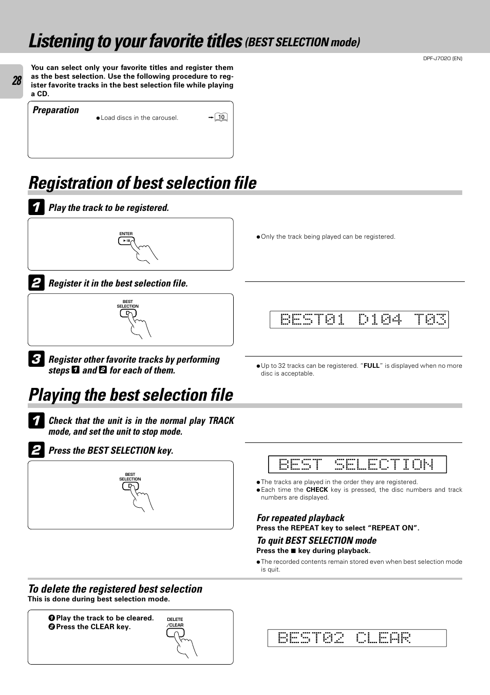 Registration of best selection file, Playing the best selection file, To delete the registered best selection | Listening to your favorite titles | Kenwood DPF-J7020 User Manual | Page 28 / 32