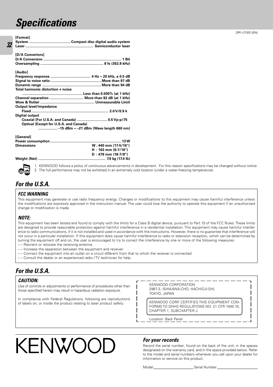 Specifications, For the u.s.a, For your records | Kenwood DPF-J7020 User Manual | Page 32 / 32