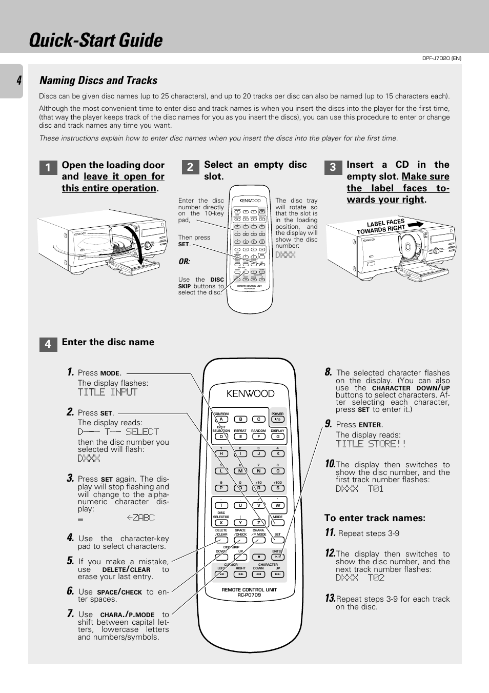 Quick-start guide, Naming discs and tracks, Select an empty disc slot | Enter the disc name, Title store, Dxxx t01, Dxxx t02, Title input, D--- t-- select, Zabc | Kenwood DPF-J7020 User Manual | Page 4 / 32