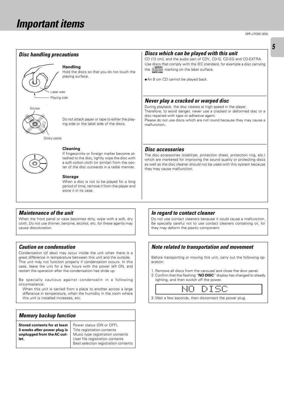 Important items, Discs which can be played with this unit, Disc handling precautions disc accessories | Never play a cracked or warped disc, Caution on condensation, Maintenance of the unit | Kenwood DPF-J7020 User Manual | Page 5 / 32