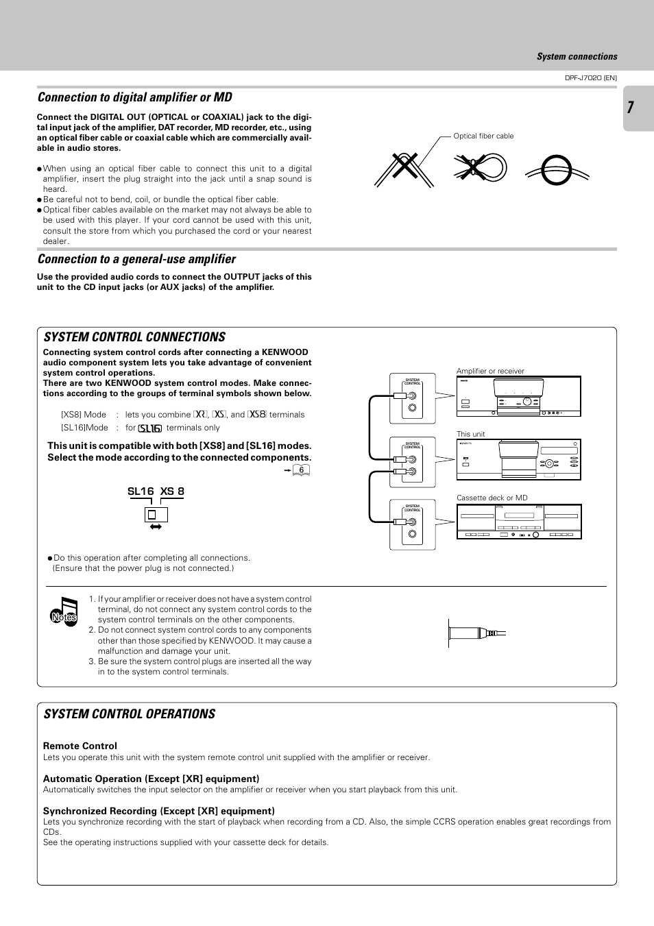 Connection to digital amplifier or md, Connection to a general-use amplifier, System control connections | System control operations | Kenwood DPF-J7020 User Manual | Page 7 / 32