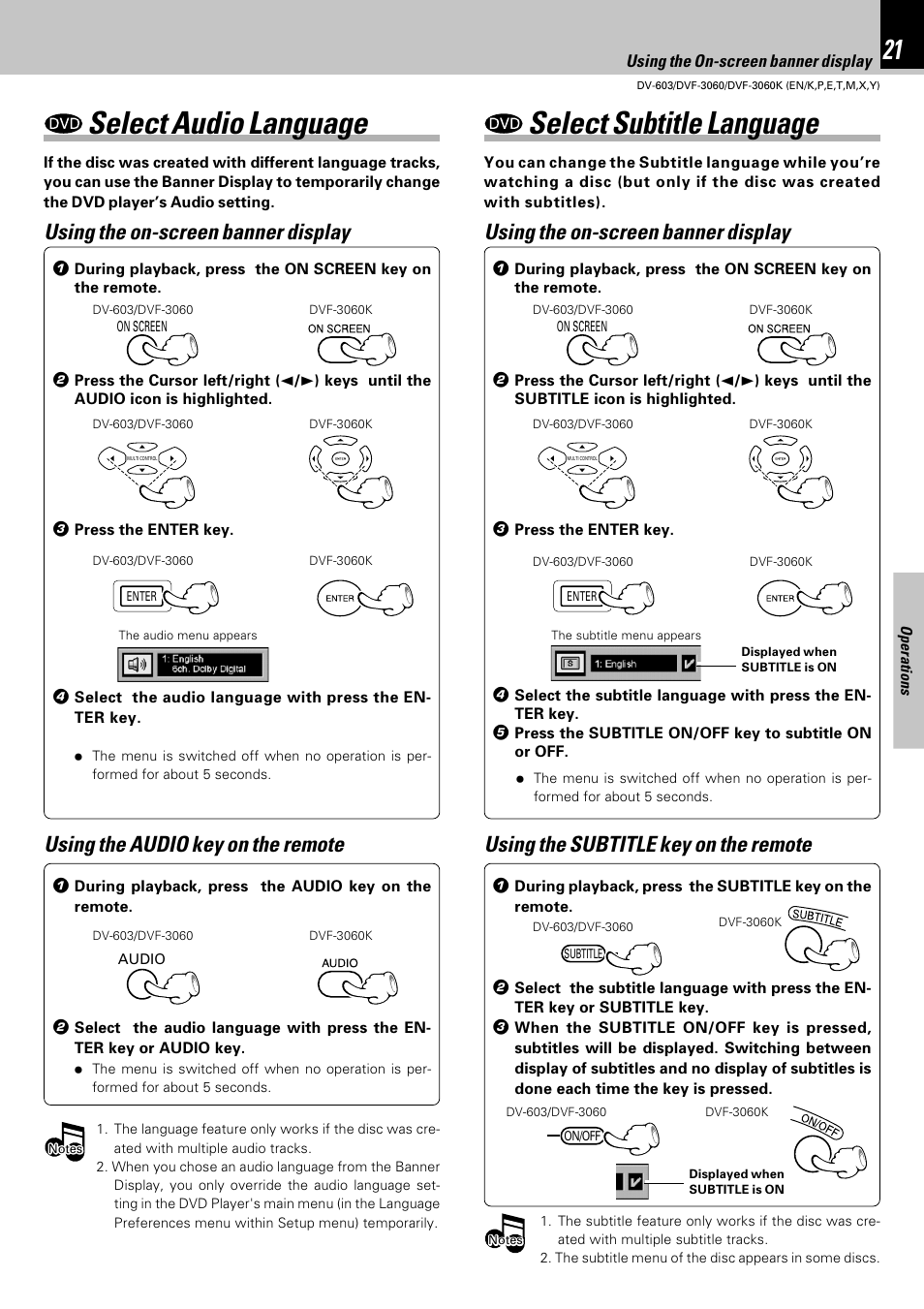 Select audio language, Select subtitle language, Using the on-screen banner display | Kenwood DV-603 User Manual | Page 21 / 48
