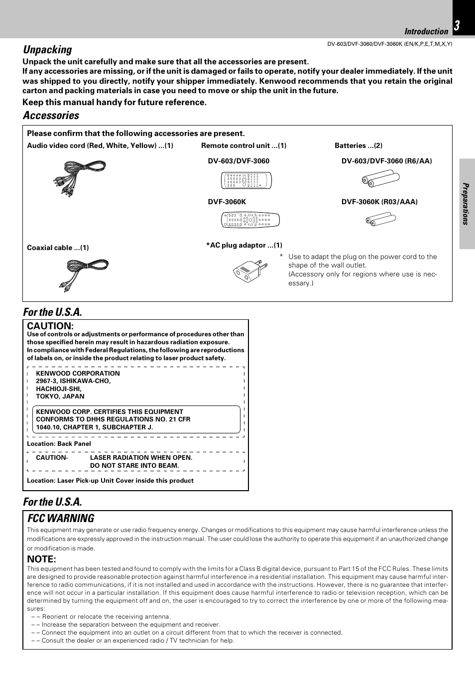 Unpacking, Accessories, Fcc warning | For the u.s.a, Caution | Kenwood DV-603 User Manual | Page 3 / 48