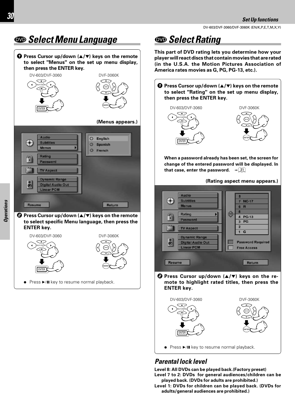 Select menu language select rating, Parental lock level | Kenwood DV-603 User Manual | Page 30 / 48