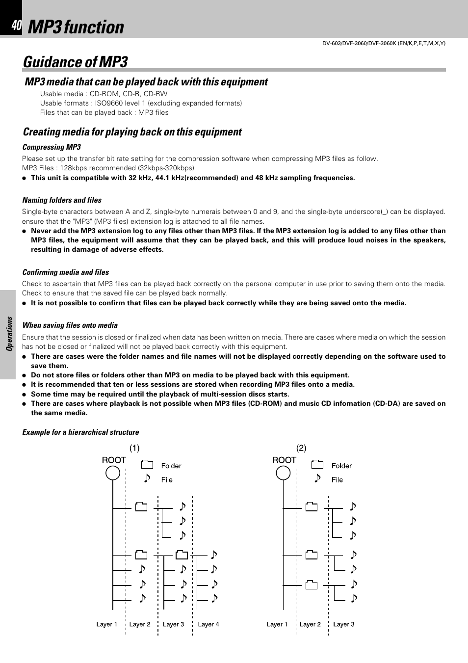 Mp3 function, Guidance of mp3, Creating media for playing back on this equipment | Kenwood DV-603 User Manual | Page 40 / 48