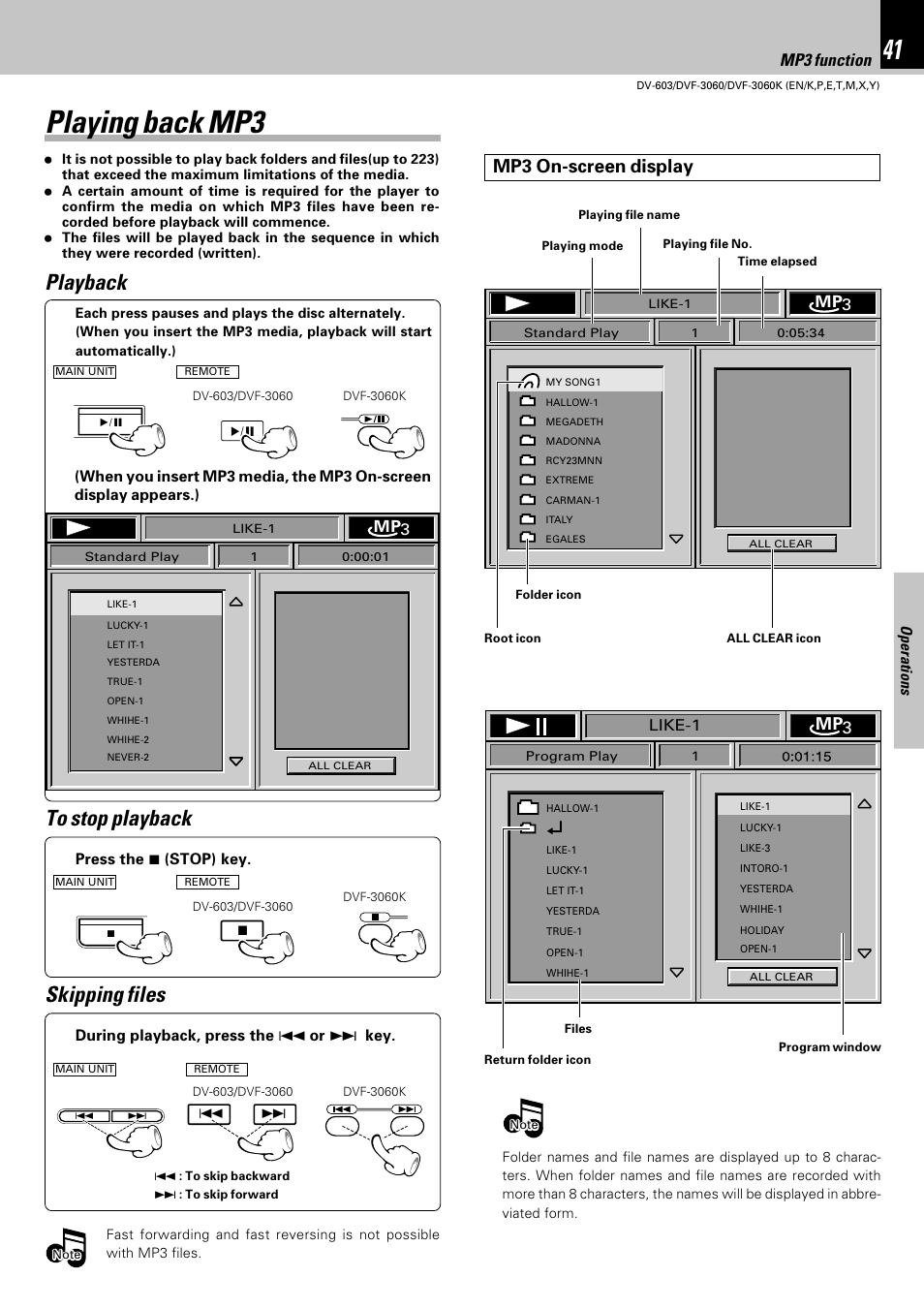 Playing back mp3, Playback to stop playback, Skipping files | Mp3 on-screen display, Set up functions, Mp3 function, M 3 p | Kenwood DV-603 User Manual | Page 41 / 48