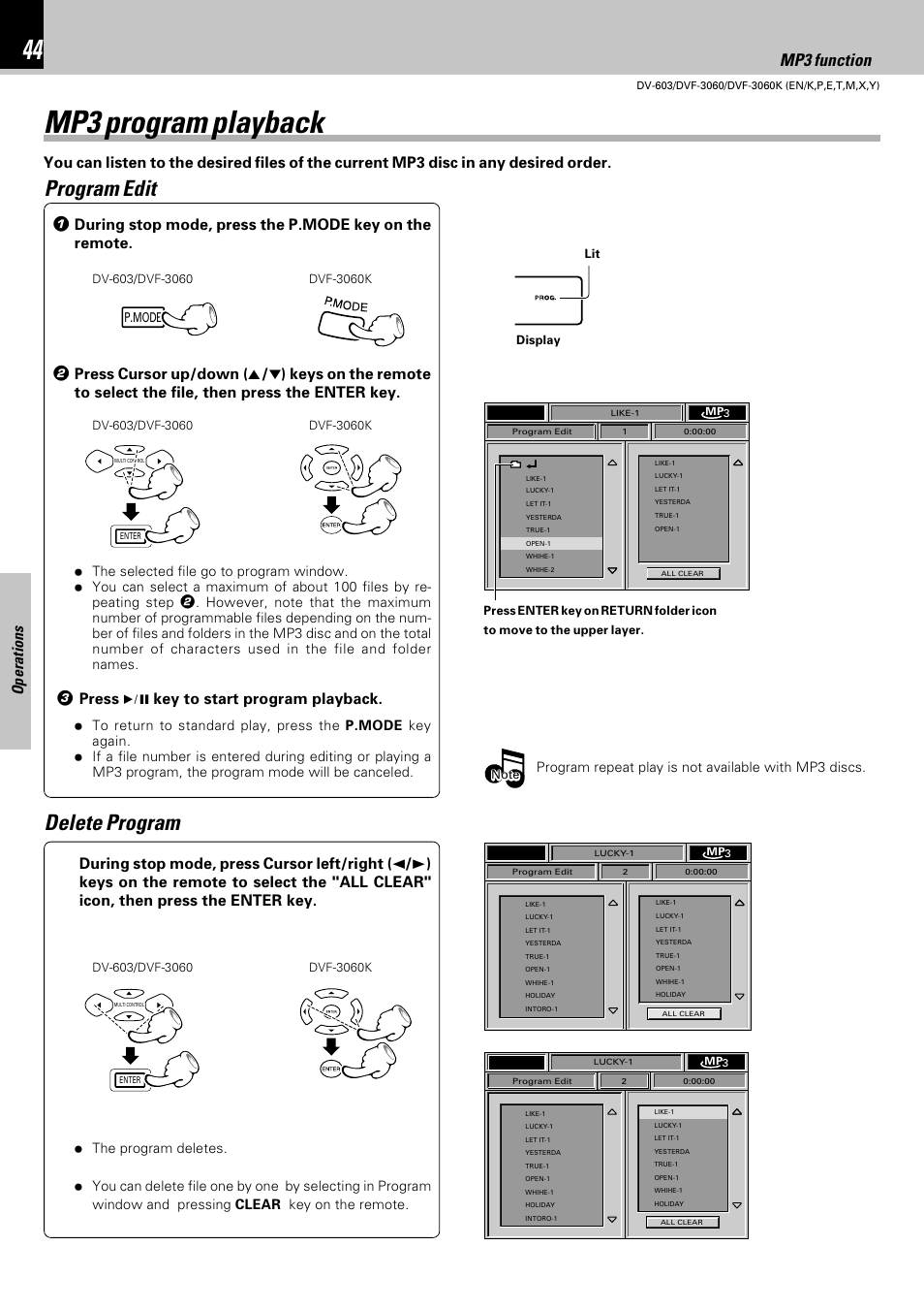 Mp3 program playback, Program edit, Delete program | Set up functions, Mp3 function, Operations, Press 6 key to start program playback | Kenwood DV-603 User Manual | Page 44 / 48