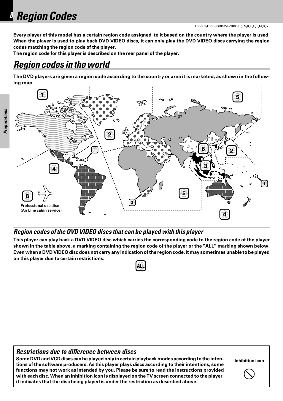 Region codes, Region codes in the world | Kenwood DV-603 User Manual | Page 8 / 48