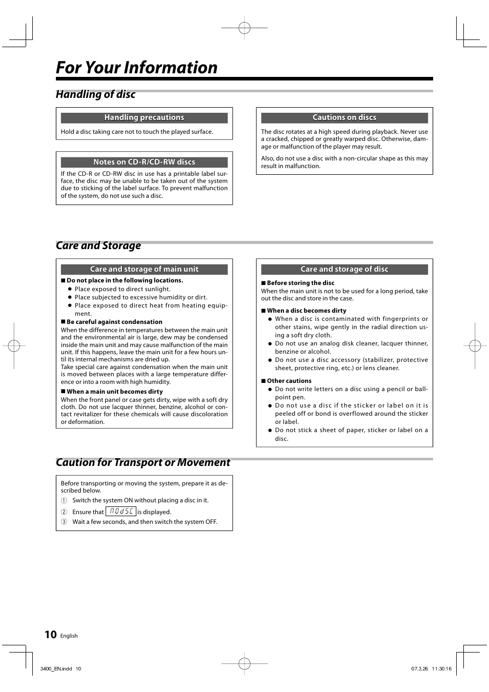 For your information, Care and storage, Handling of disc | Caution for transport or movement | Kenwood DVF-3400 User Manual | Page 10 / 36