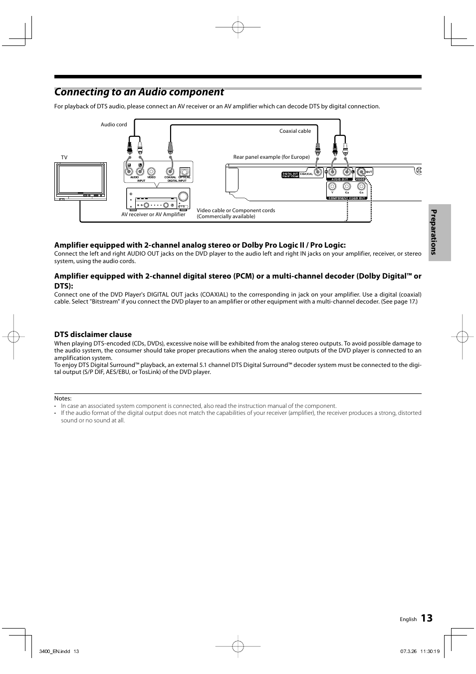 Connecting to an audio component, Dts disclaimer clause, Prepar a tions | Kenwood DVF-3400 User Manual | Page 13 / 36