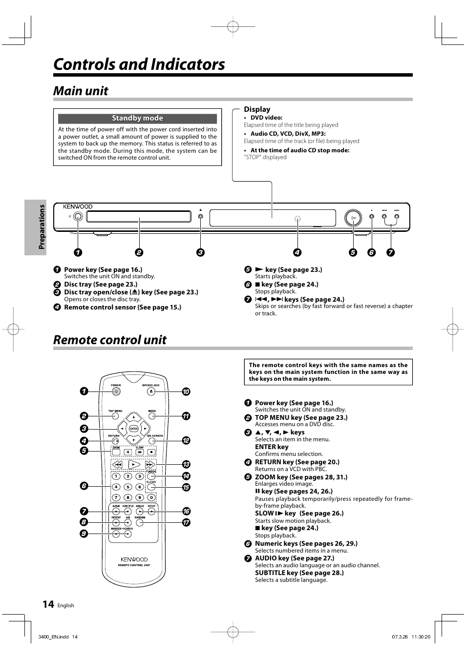 Controls and indicators, Main unit remote control unit | Kenwood DVF-3400 User Manual | Page 14 / 36