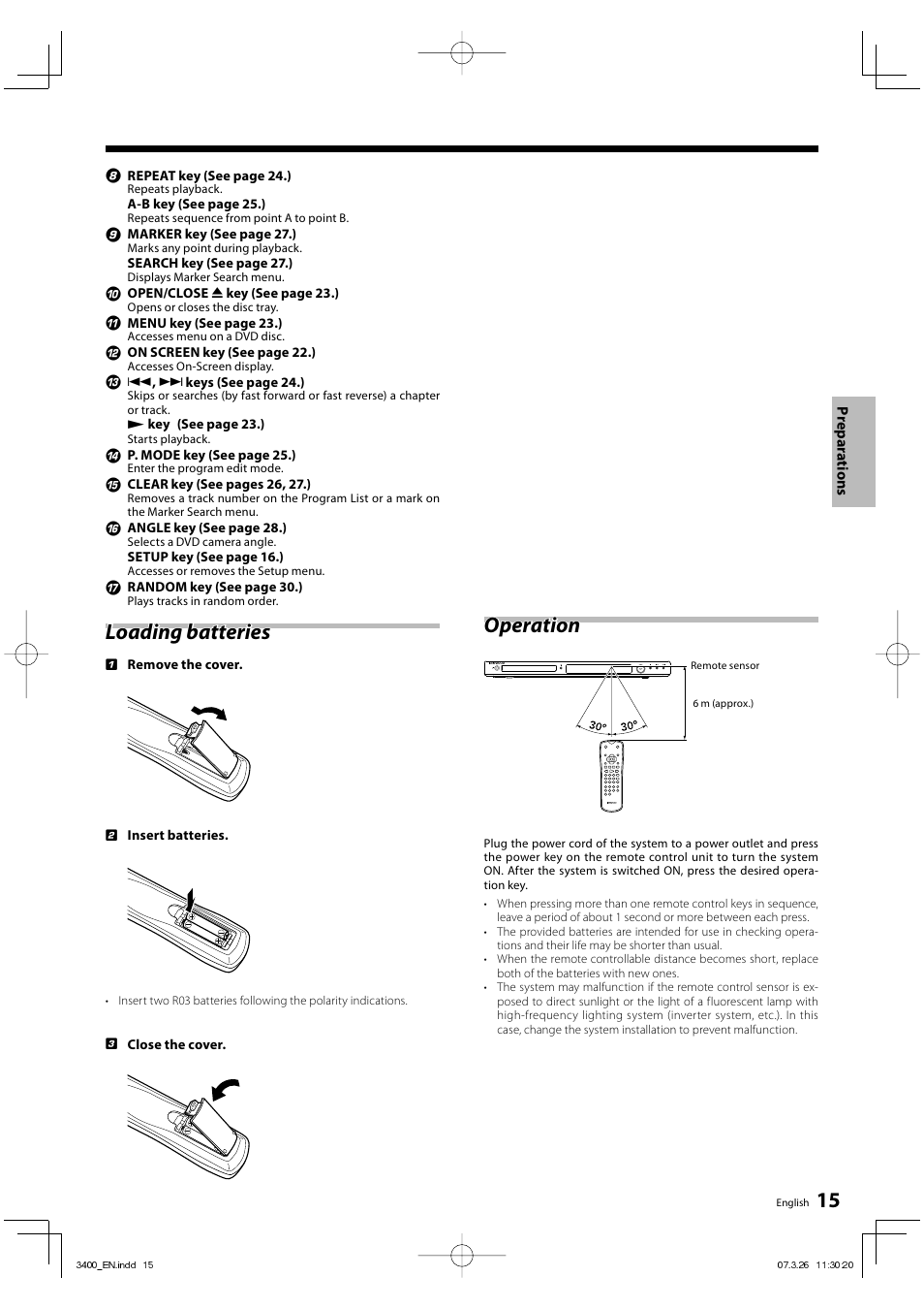 15 loading batteries loading batteries, Operation | Kenwood DVF-3400 User Manual | Page 15 / 36