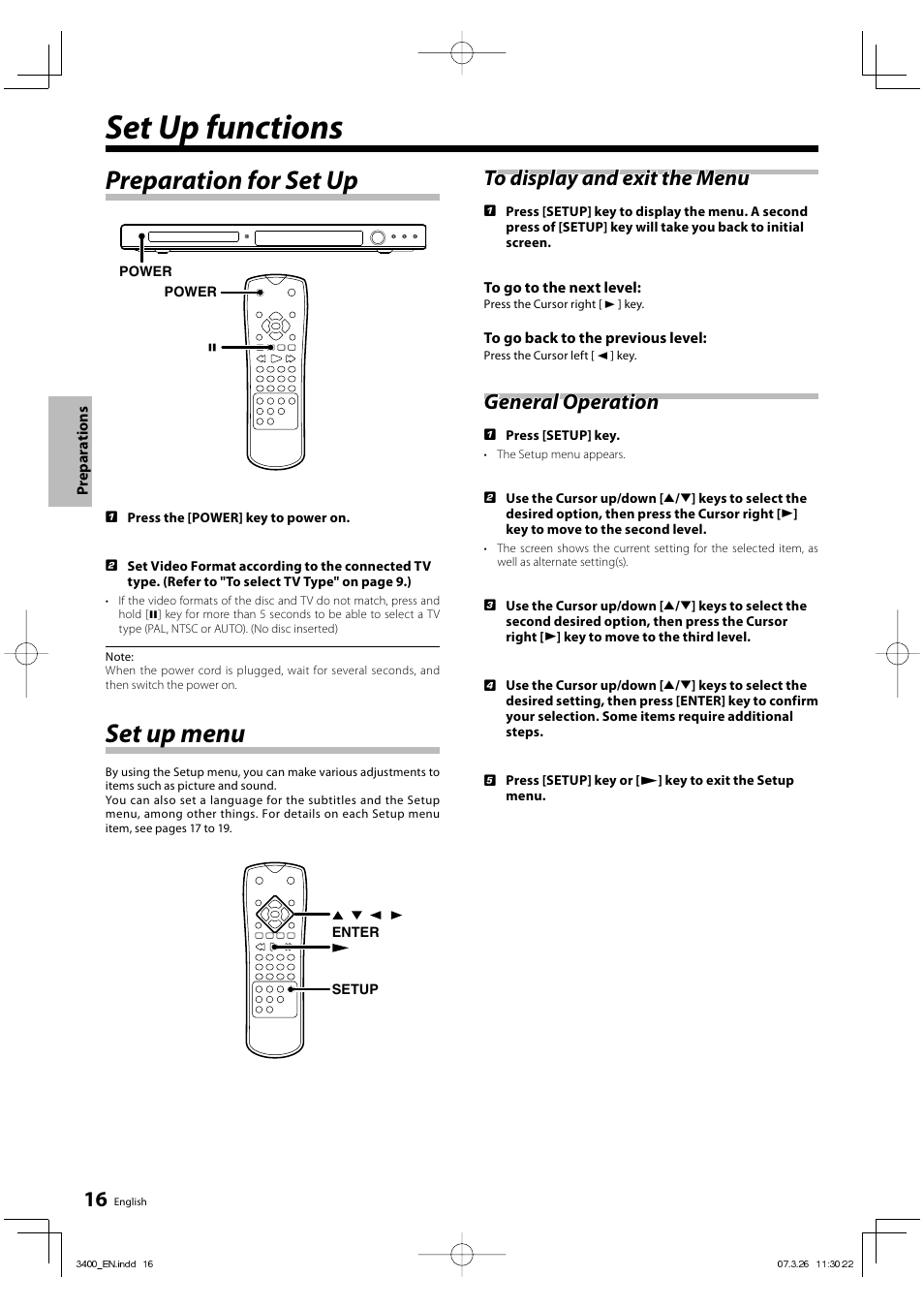 Set up functions, Preparation for set up, Set up menu | General operation | Kenwood DVF-3400 User Manual | Page 16 / 36