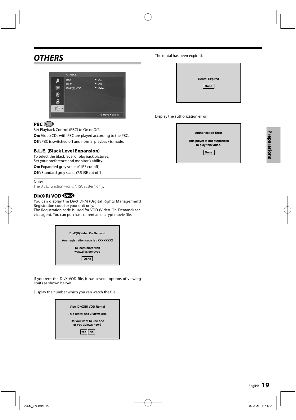 Others, Prepar a tions, B.l.e. (black level expansion) | Divx(r) vod | Kenwood DVF-3400 User Manual | Page 19 / 36