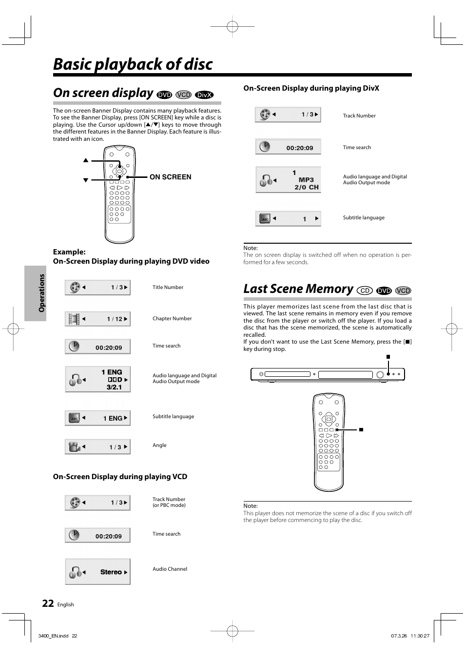 Basic playback of disc, On screen display | Kenwood DVF-3400 User Manual | Page 22 / 36