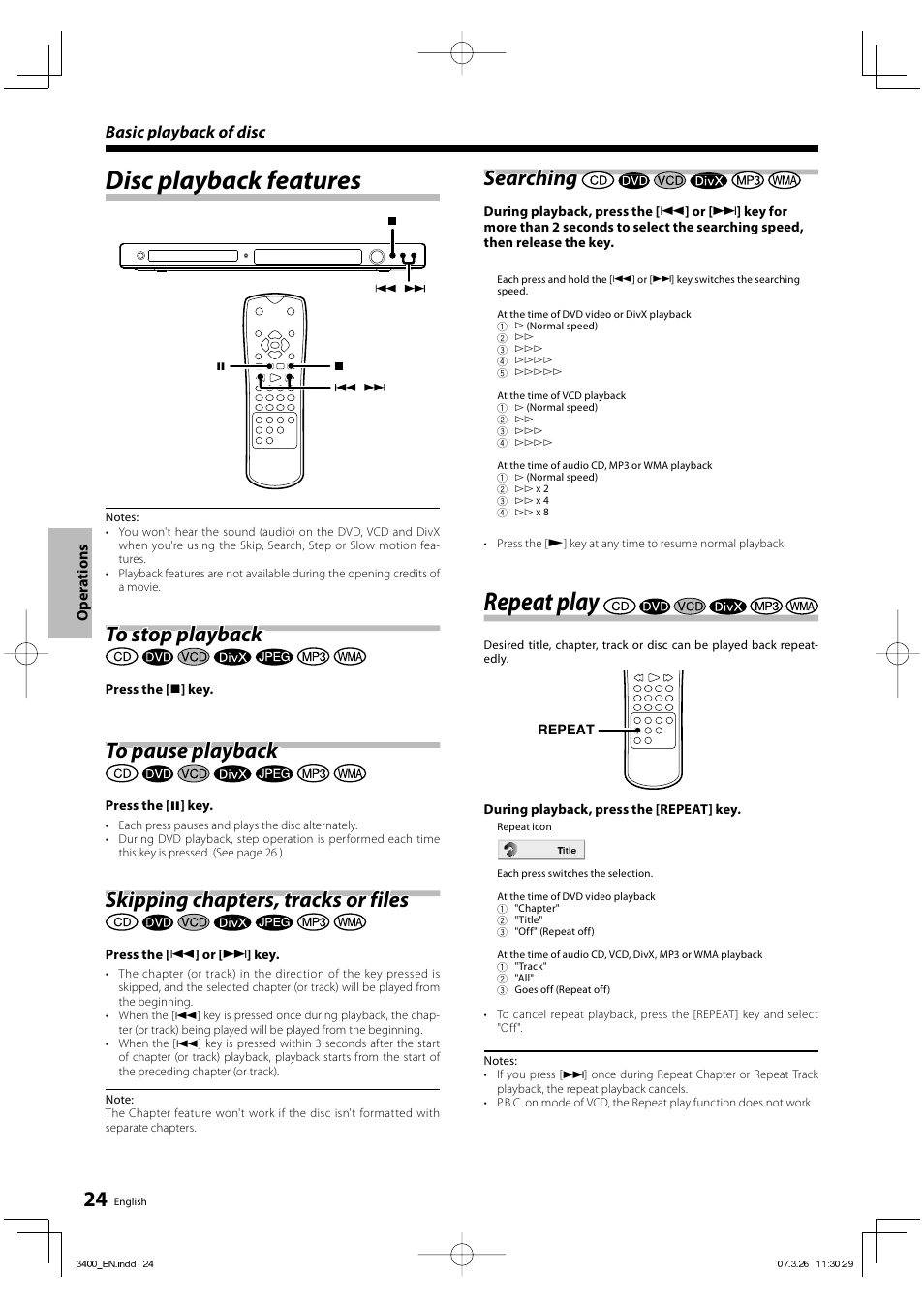 Disc playback features, Repeat play, Skipping chapters, tracks or files | Searching | Kenwood DVF-3400 User Manual | Page 24 / 36