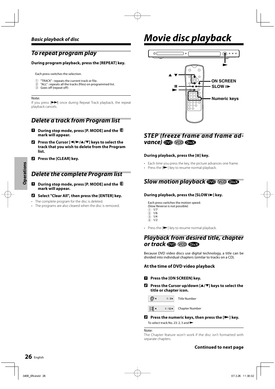 Movie disc playback, Delete a track from program list, Delete the complete program list | Step (freeze frame and frame ad- vance), Slow motion playback, Playback from desired title, chapter or track | Kenwood DVF-3400 User Manual | Page 26 / 36