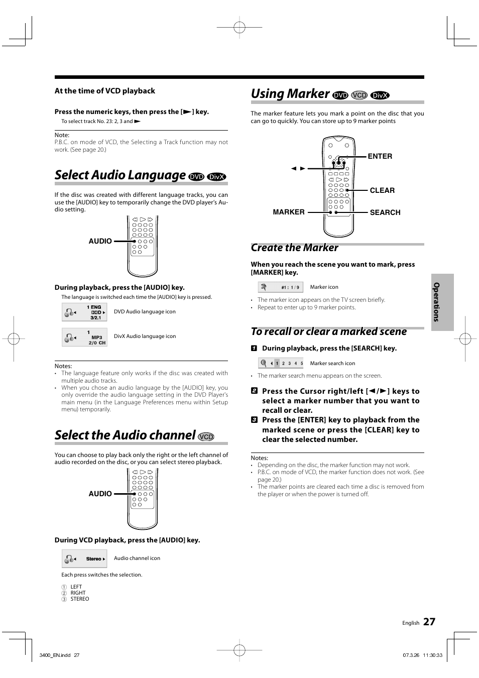 Select audio language, Select the audio channel, Using marker | Create the marker | Kenwood DVF-3400 User Manual | Page 27 / 36