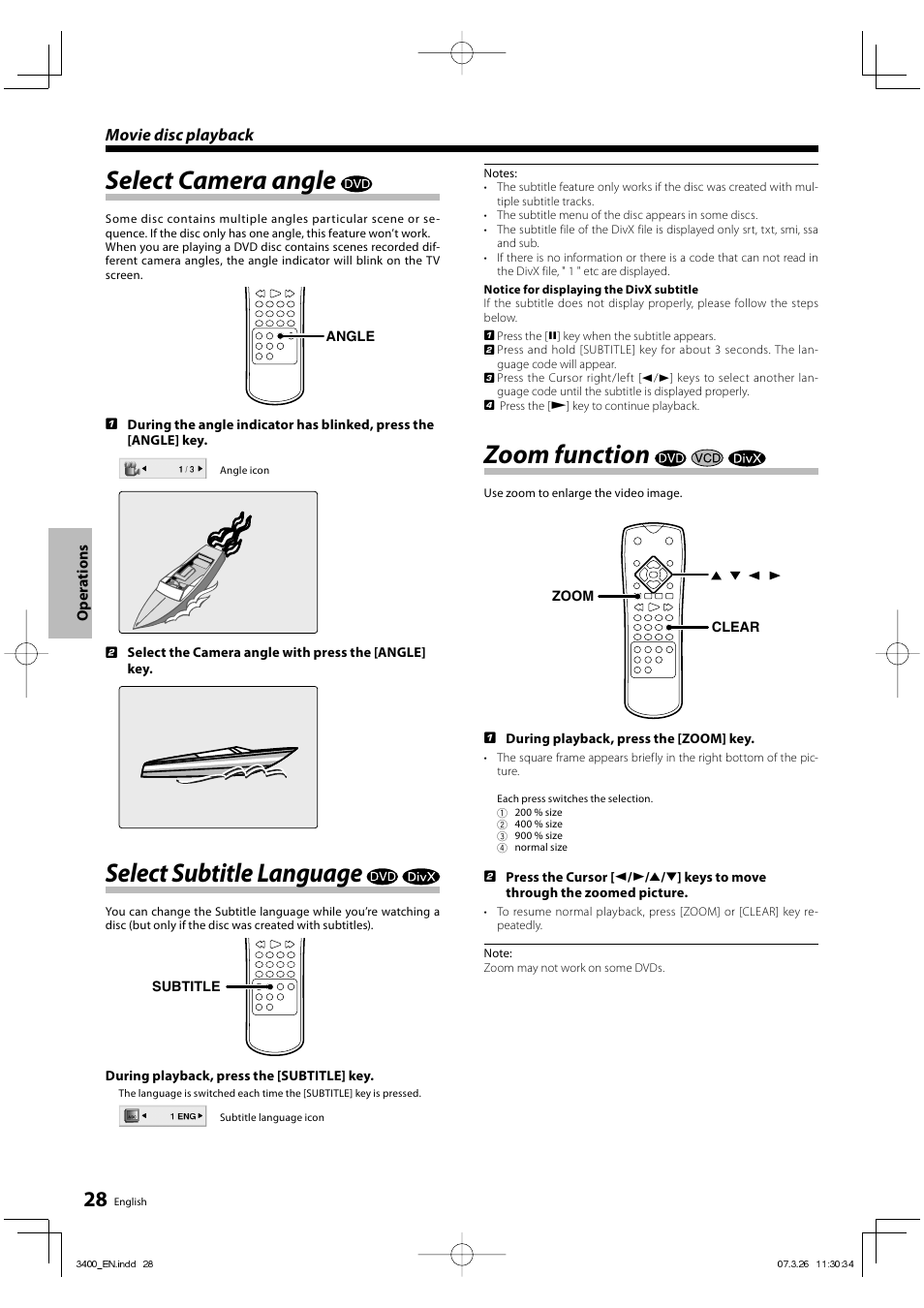 Select camera angle, Select subtitle language, Zoom function | Kenwood DVF-3400 User Manual | Page 28 / 36