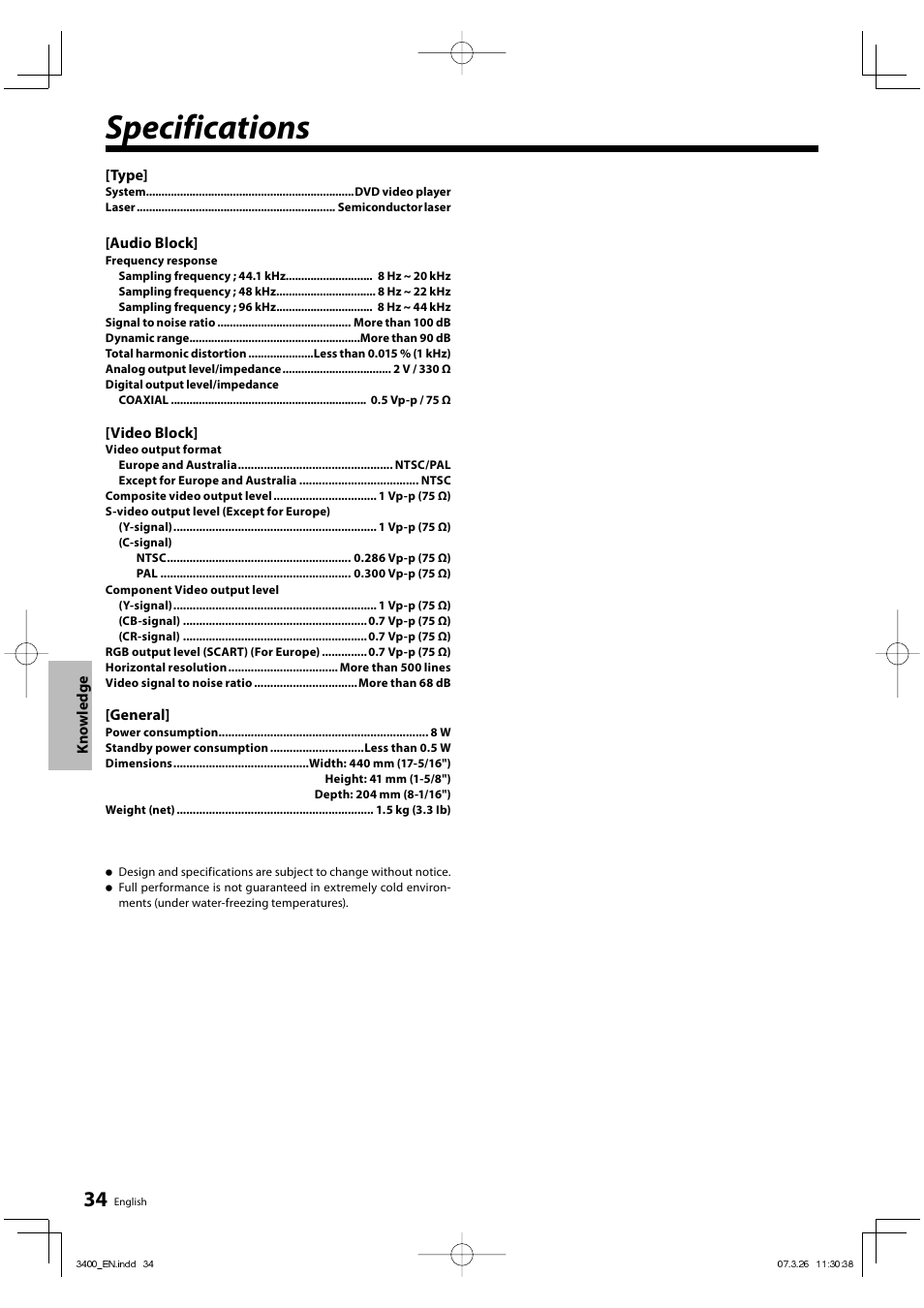 Specifications | Kenwood DVF-3400 User Manual | Page 34 / 36