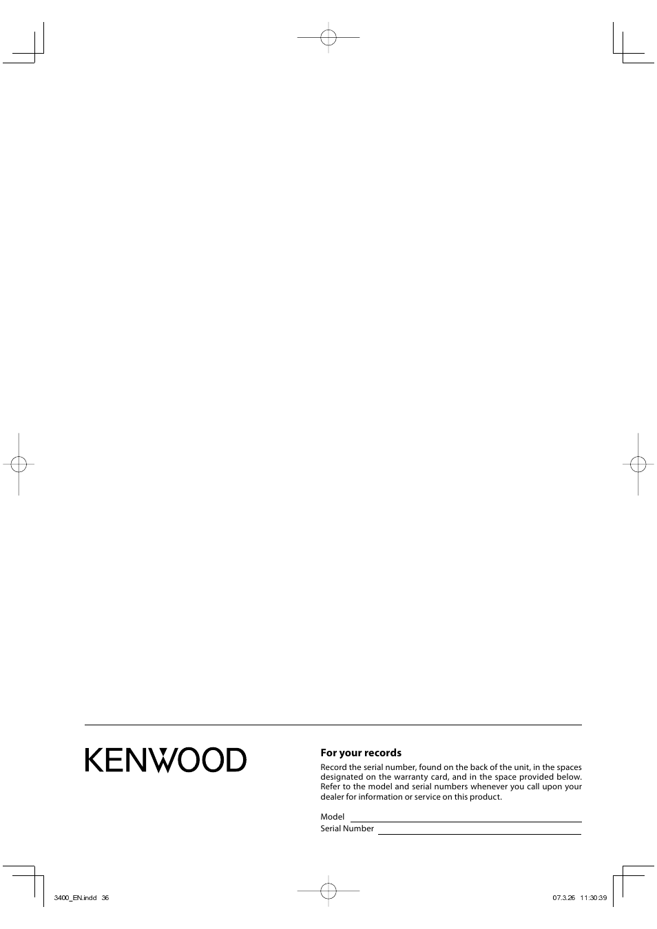 For your records | Kenwood DVF-3400 User Manual | Page 36 / 36