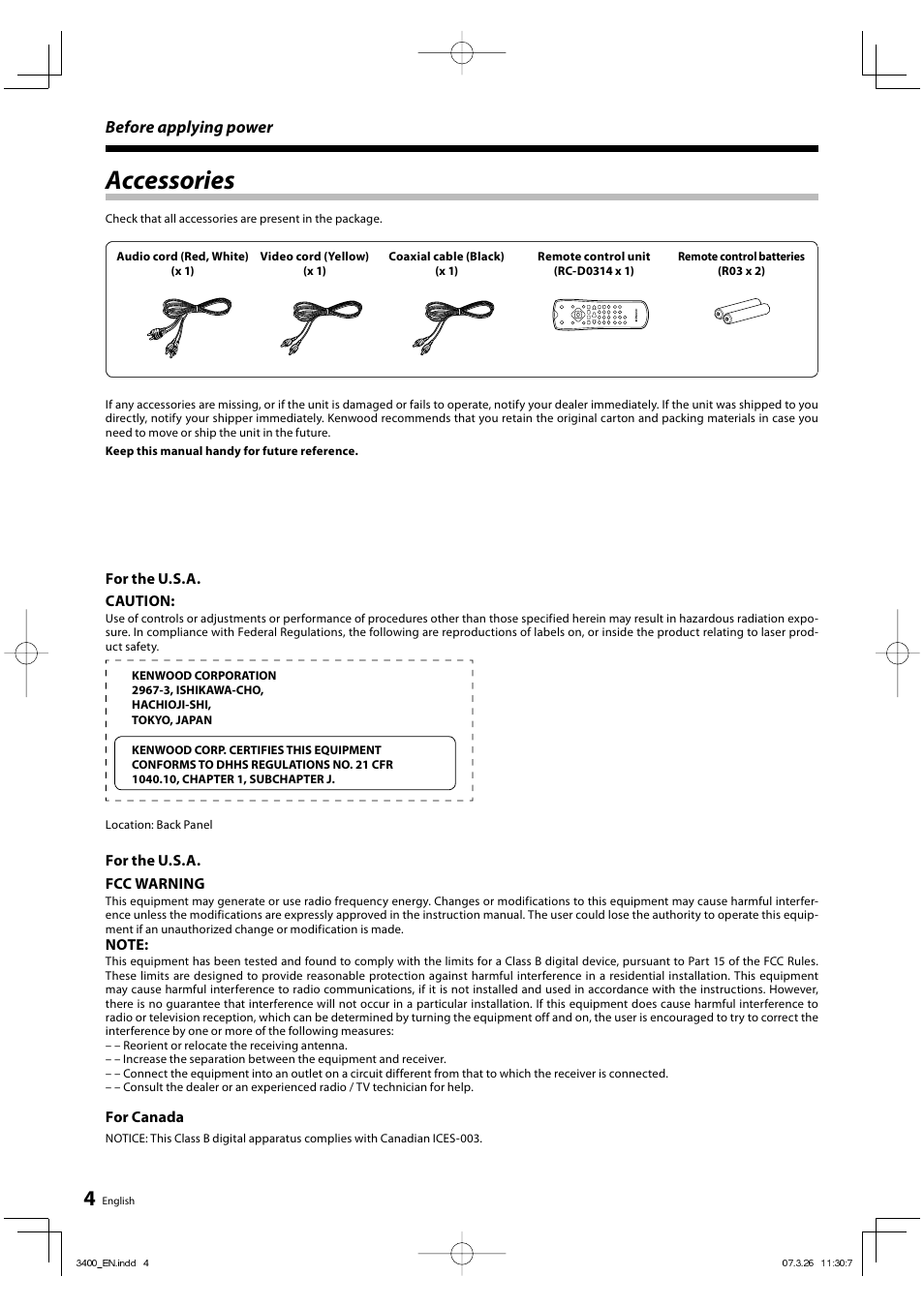 Accessories, Before applying power | Kenwood DVF-3400 User Manual | Page 4 / 36