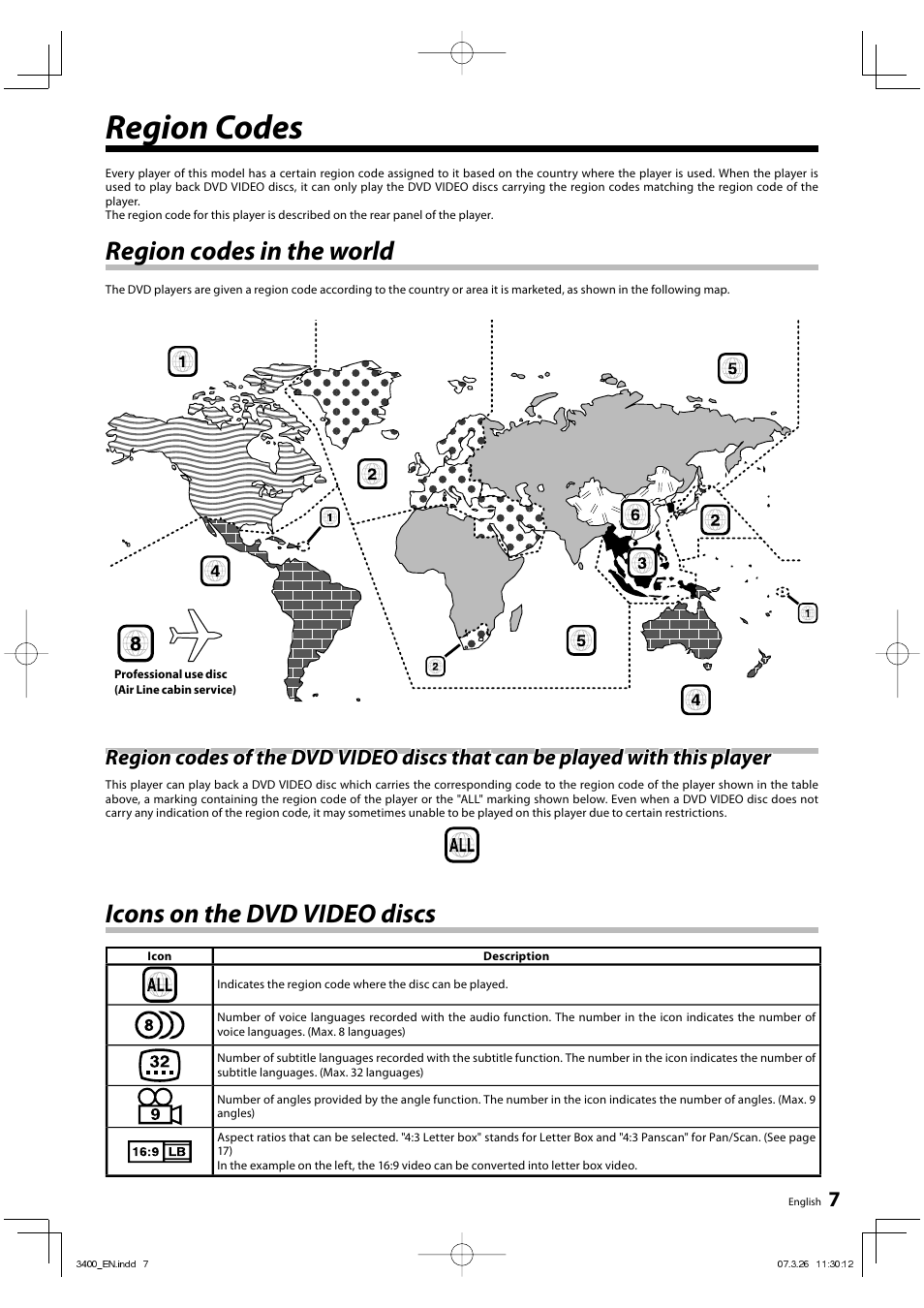 Region codes, Region codes in the world, Icons on the dvd video discs | Kenwood DVF-3400 User Manual | Page 7 / 36