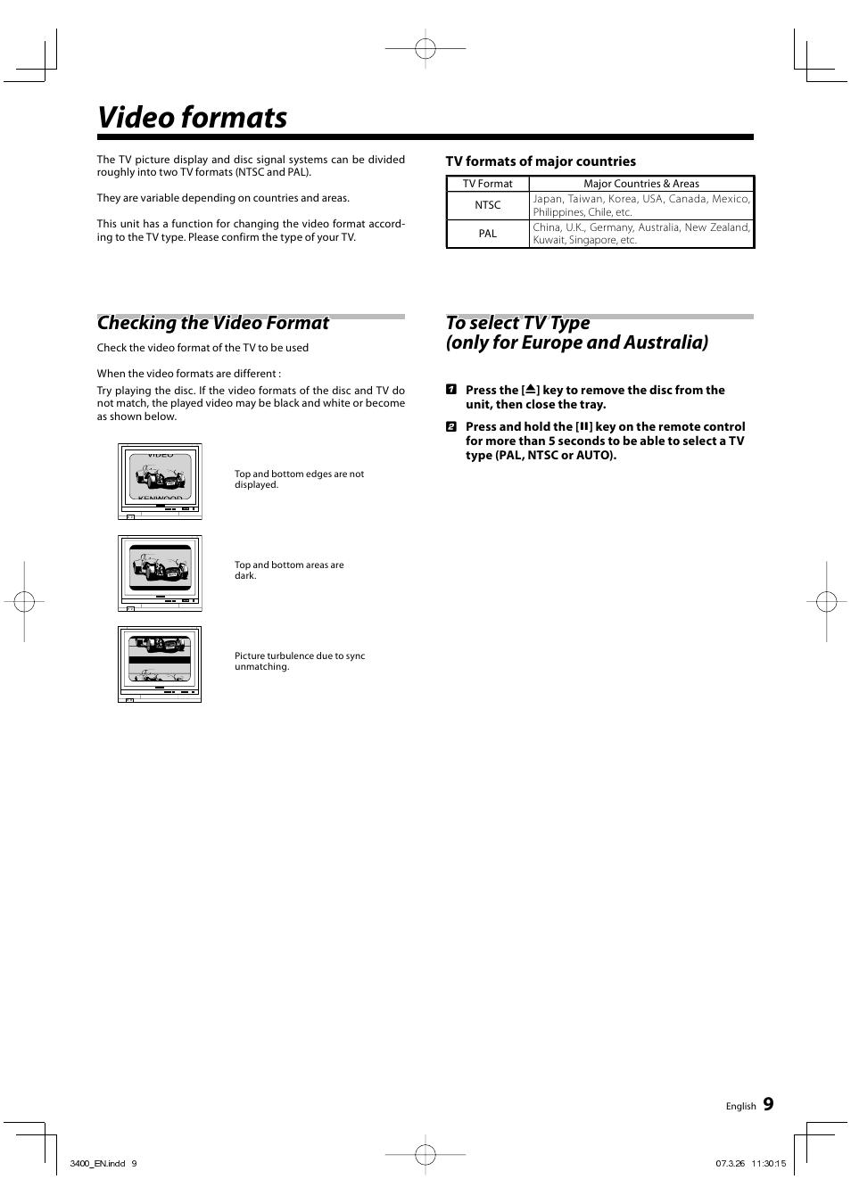 Video formats, Checking the video format | Kenwood DVF-3400 User Manual | Page 9 / 36